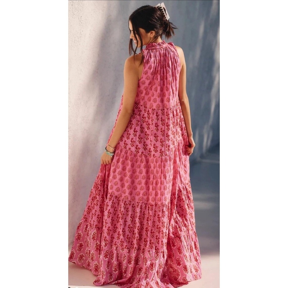 Ros's Garden Sofia Pink Floral Print Maxi‎ Dress Bohemian Sleeveless Tiered XL - Picture 9 of 12